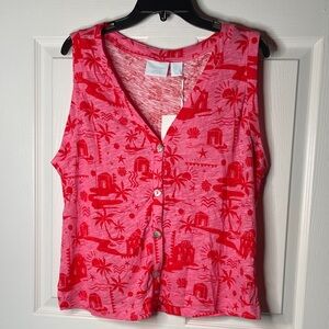 NWT Cynthia Rowley Linen Blend Beach Print Button Down Tank Top